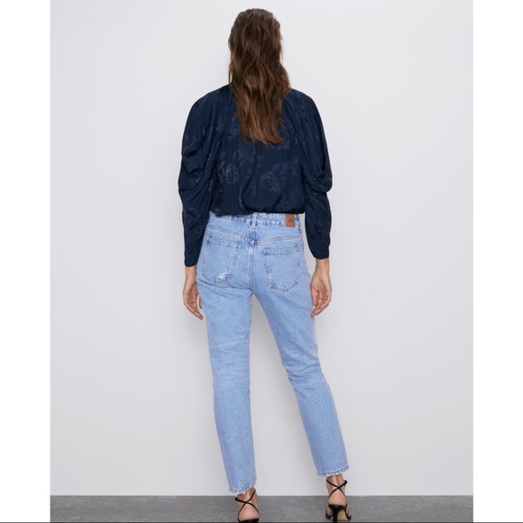 Zara NWT Navy Blue High Neck Puff Sleeve Jacquard Blouse Small Long Sleeve - Picture 7 of 9